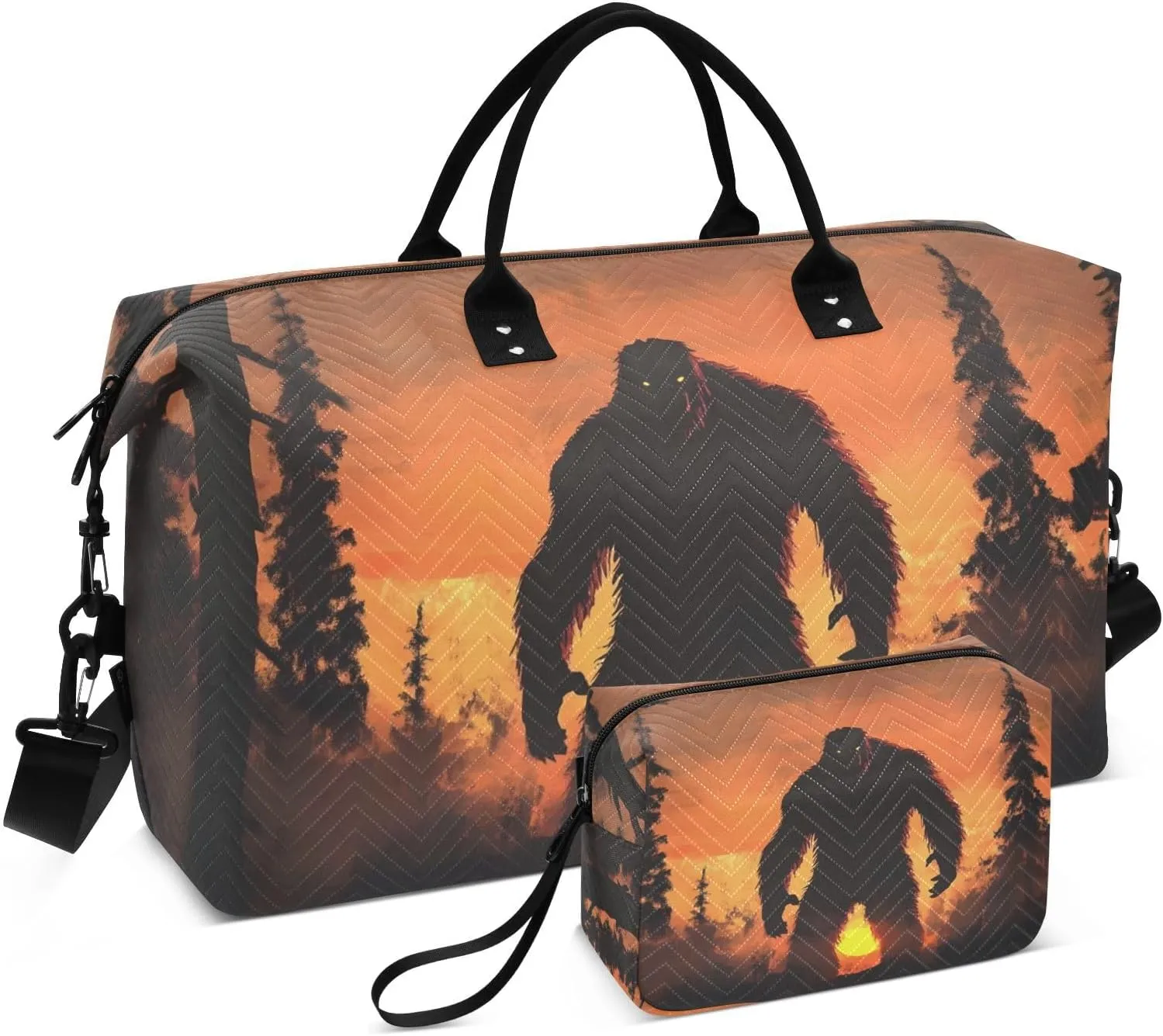 Sunrise Sasquatch Forest Travel Duffel Bag, Gym Bags with Multiple Interior Pockets for Men Women Toiletry Purse Included 20.5”x 1.9” x 13.8”