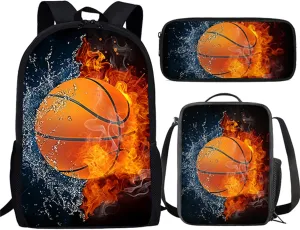 Suobstales Basketball Backpack Set 3 Piece for Boys 17inch Bookbags Shoulder Lunch Bag and Pen Case Bag Cool High Students School Bag Packs Satchel Laptop Bags with Flame Design