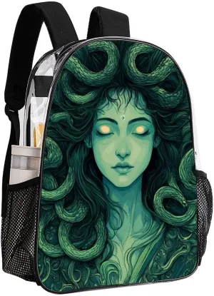 Supdreamc Women Men Transparent Ancient Greece Snake Queen Medusa Art Casual Daypack Large Capacity Bookbag With Side Pockets for Sports Picnic Walking Cycling