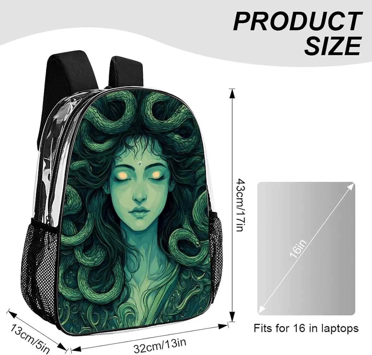 Supdreamc Women Men Transparent Ancient Greece Snake Queen Medusa Art Casual Daypack Large Capacity Bookbag With Side Pockets for Sports Picnic Walking Cycling