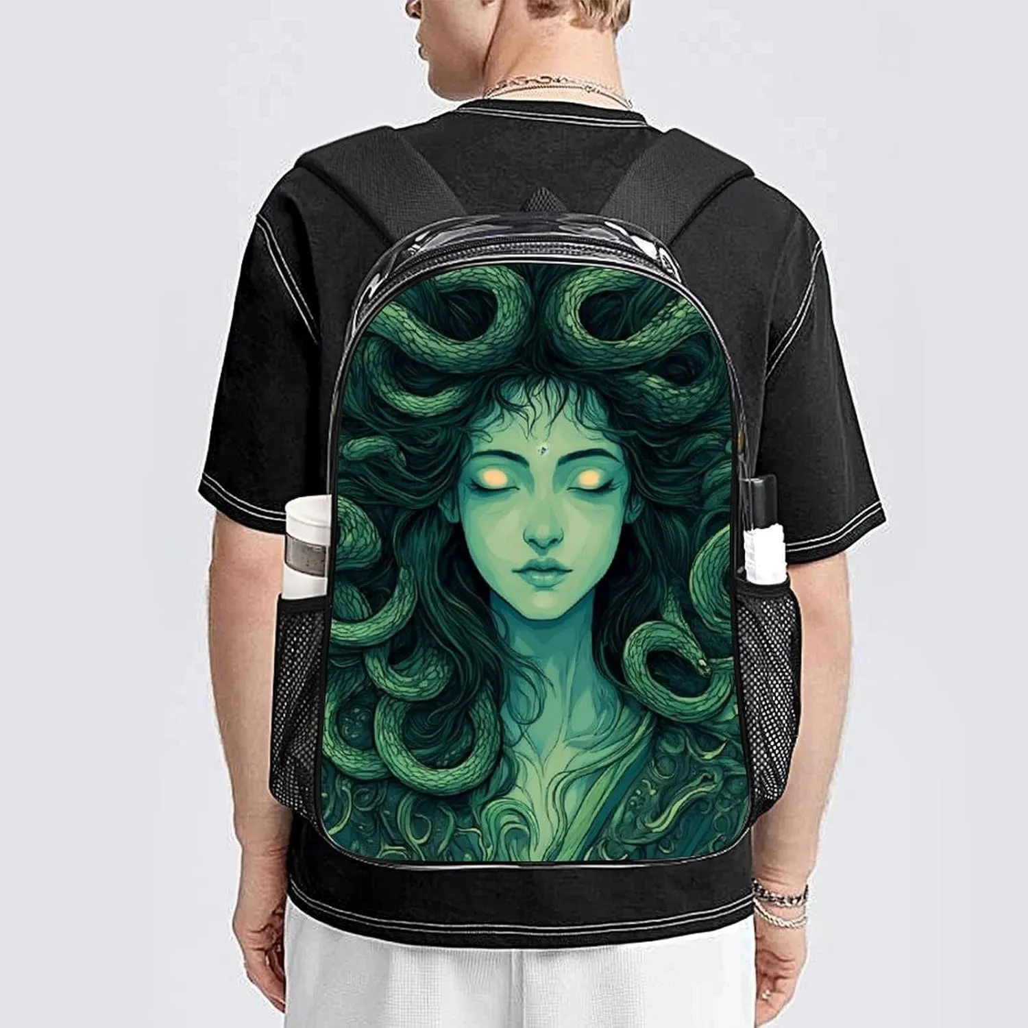 Supdreamc Women Men Transparent Ancient Greece Snake Queen Medusa Art Casual Daypack Large Capacity Bookbag With Side Pockets for Sports Picnic Walking Cycling