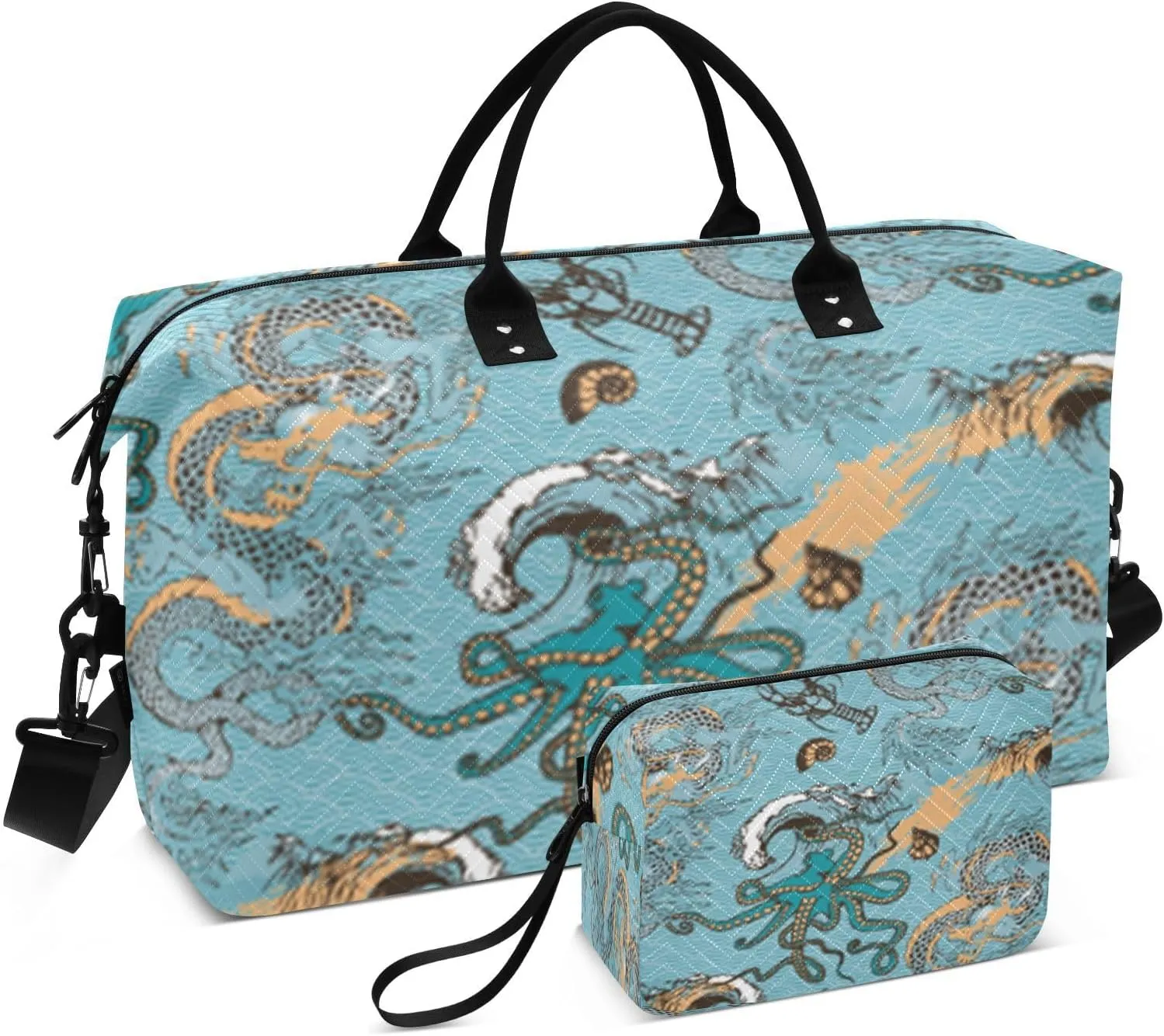 susiyo Dragon Sea Voyages Expandable Travel Duffle Bag, Large Weekender Overnight Bags and Adjustable Strap, Carry On Shoulder Tote Bag, Gym Duffel Bag with Toiletry Bags for Hospital