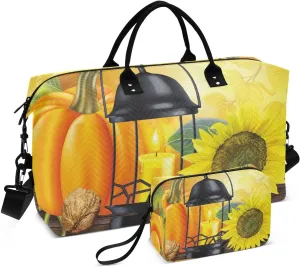 susiyo Pumpkin Candle Light Expandable Travel Duffle Bag, Large Weekender Overnight Bags and Adjustable Strap, Carry On Shoulder Tote Bag, Gym Duffel Bag with Toiletry Bags for Hospital