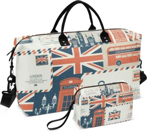 susiyo Travel Duffel Bags Retro Uk and London Theme Quilted Gym Bag Weekender Overnight Bags with Small Makeup Pouch