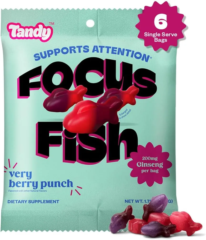 Tandy Focus Fish American Ginseng Gummies I Memory, Attention & Focus Gummies with Very Berry Punch Flavor I Gluten-Free Fast-Acting Dietary Brain Supplement Gummy I 6-Pack