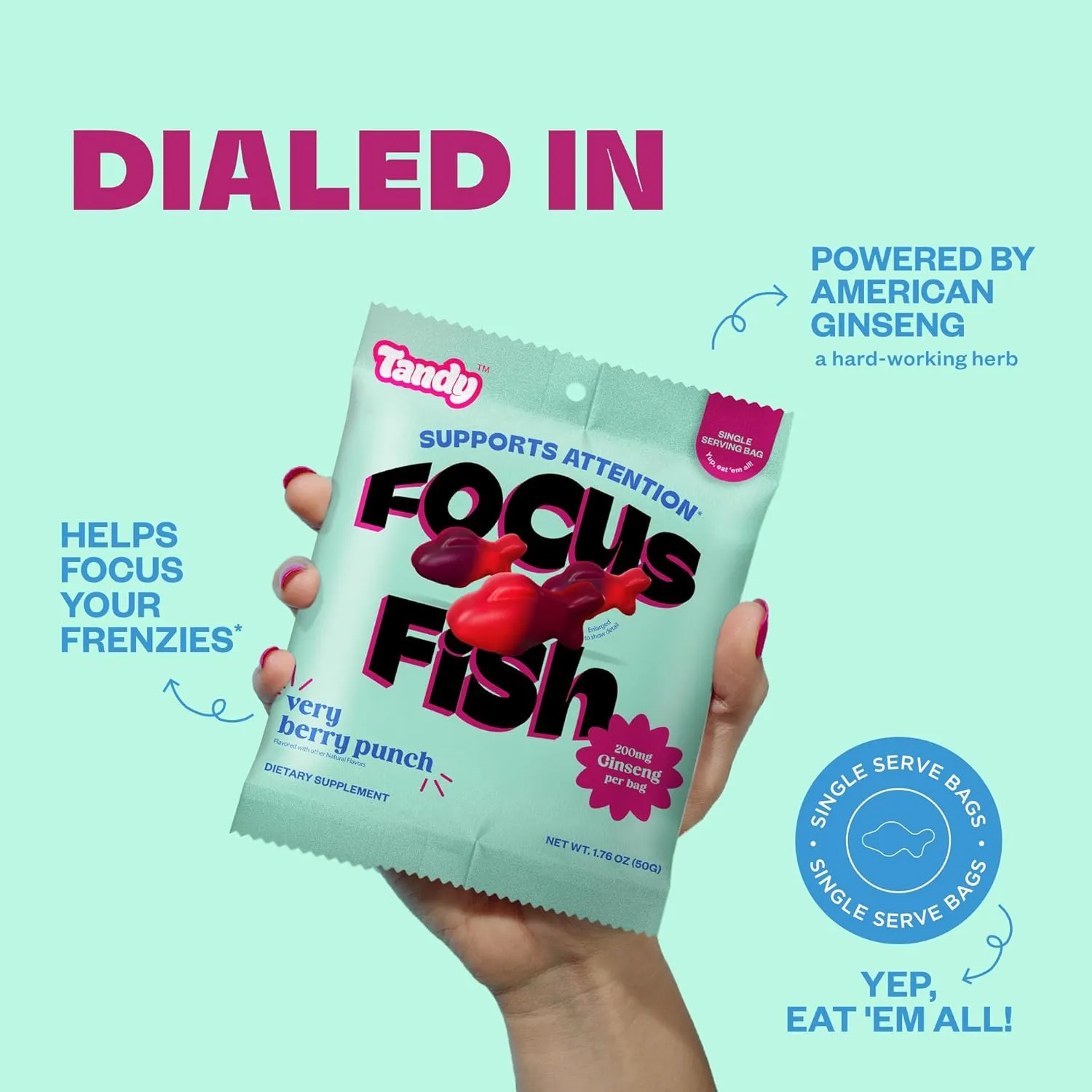 Tandy Focus Fish American Ginseng Gummies I Memory, Attention & Focus Gummies with Very Berry Punch Flavor I Gluten-Free Fast-Acting Dietary Brain Supplement Gummy I 6-Pack