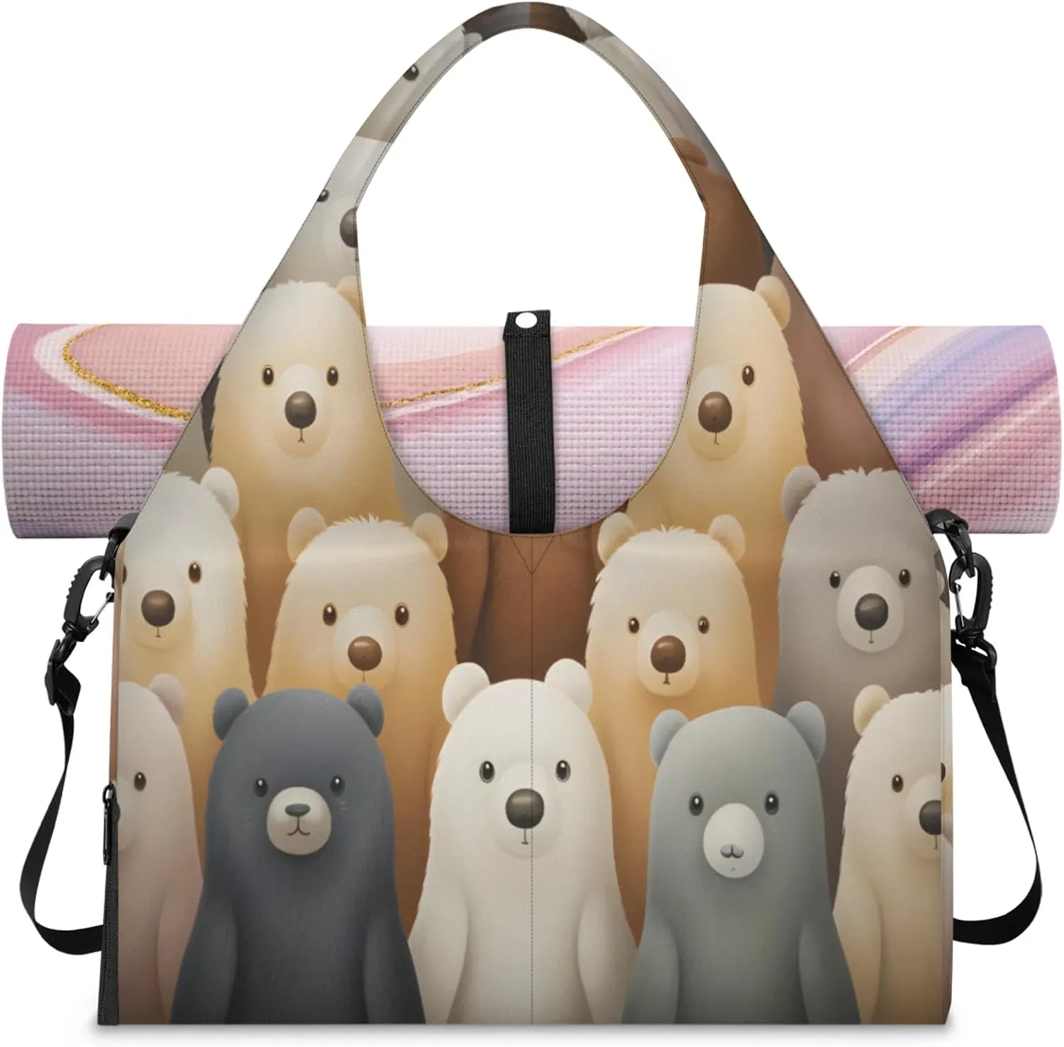Teddy Bear Ensemble Waterproof Gym Bag for Men Women, Sports Duffel Bag with Shoe Compartment Yoga Mat Holder, Portable Large Travel Bag for Fitness, Camping, Weekend Trips