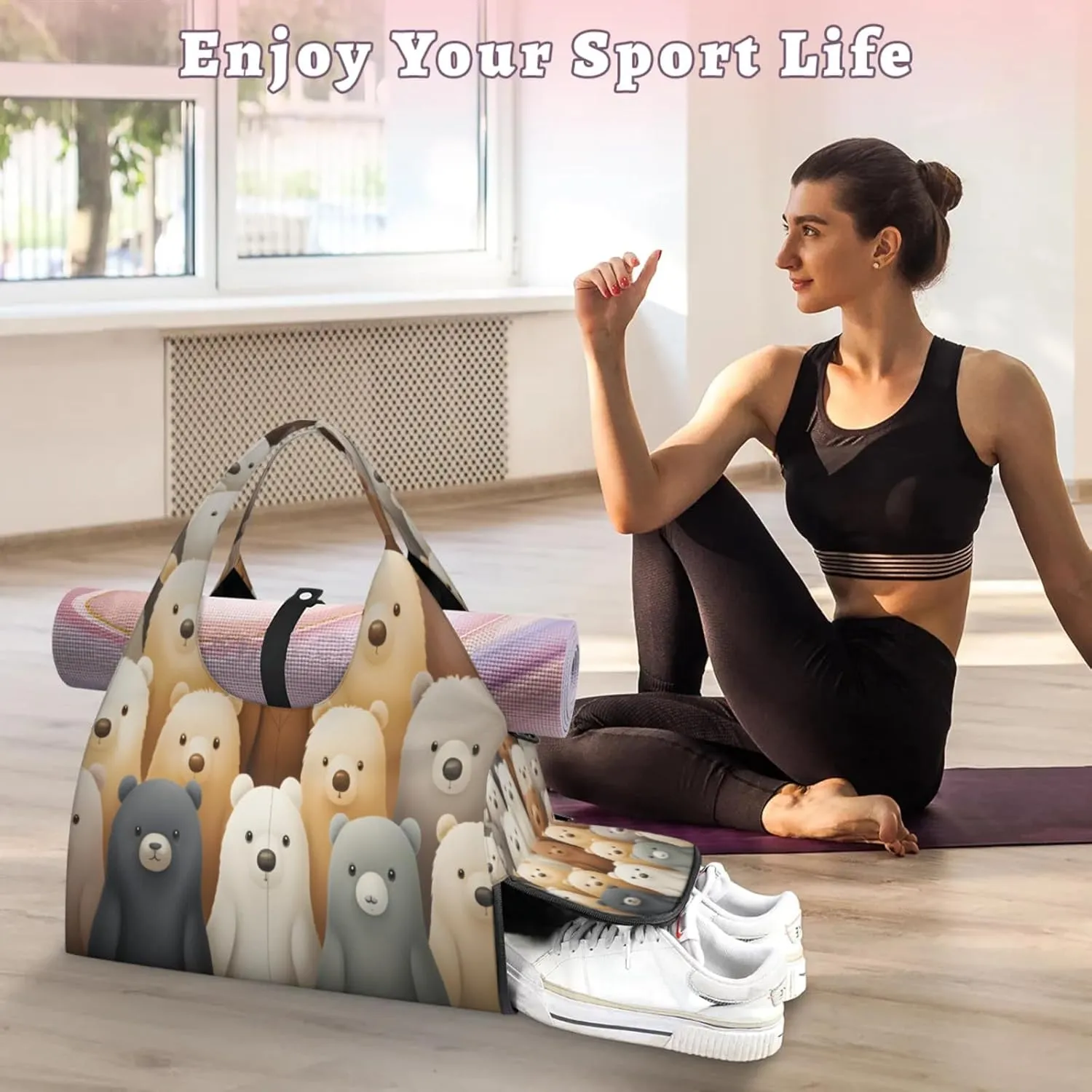 Teddy Bear Ensemble Waterproof Gym Bag for Men Women, Sports Duffel Bag with Shoe Compartment Yoga Mat Holder, Portable Large Travel Bag for Fitness, Camping, Weekend Trips