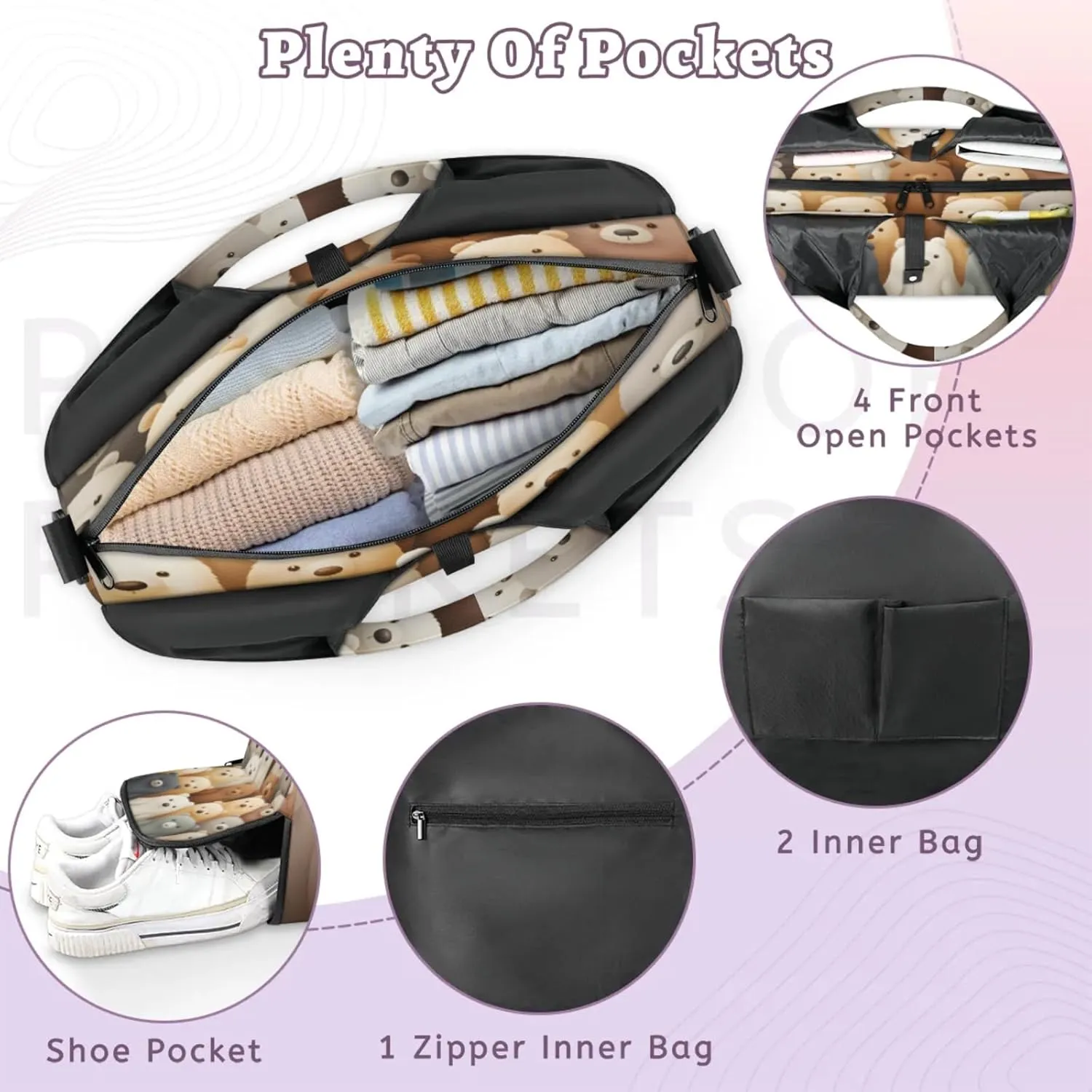 Teddy Bear Ensemble Waterproof Gym Bag for Men Women, Sports Duffel Bag with Shoe Compartment Yoga Mat Holder, Portable Large Travel Bag for Fitness, Camping, Weekend Trips