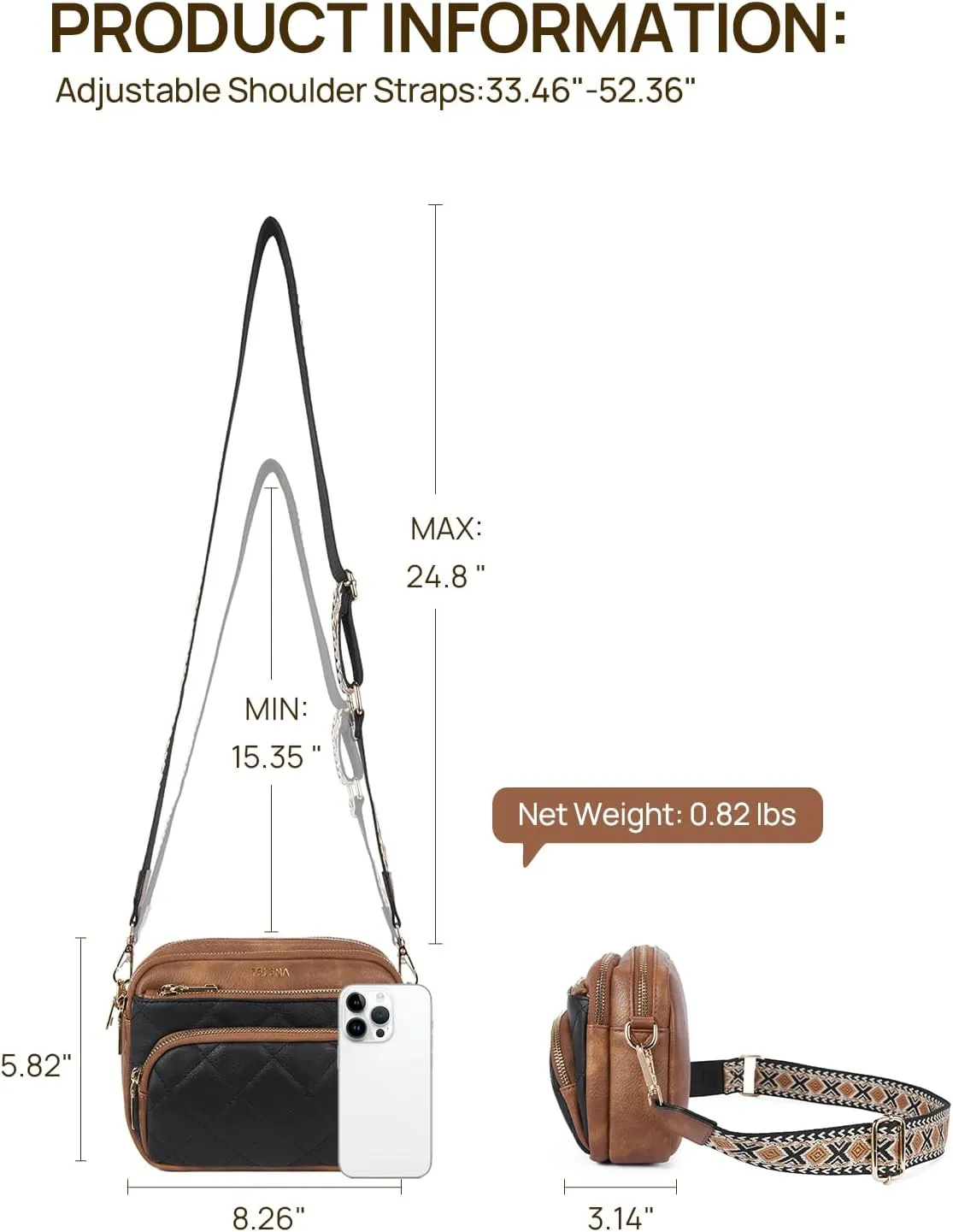 Telena Crossbody Bags for Women Small Crossbody Purses Quilted Vegan Leather with Guitar Strap Beige with Brown