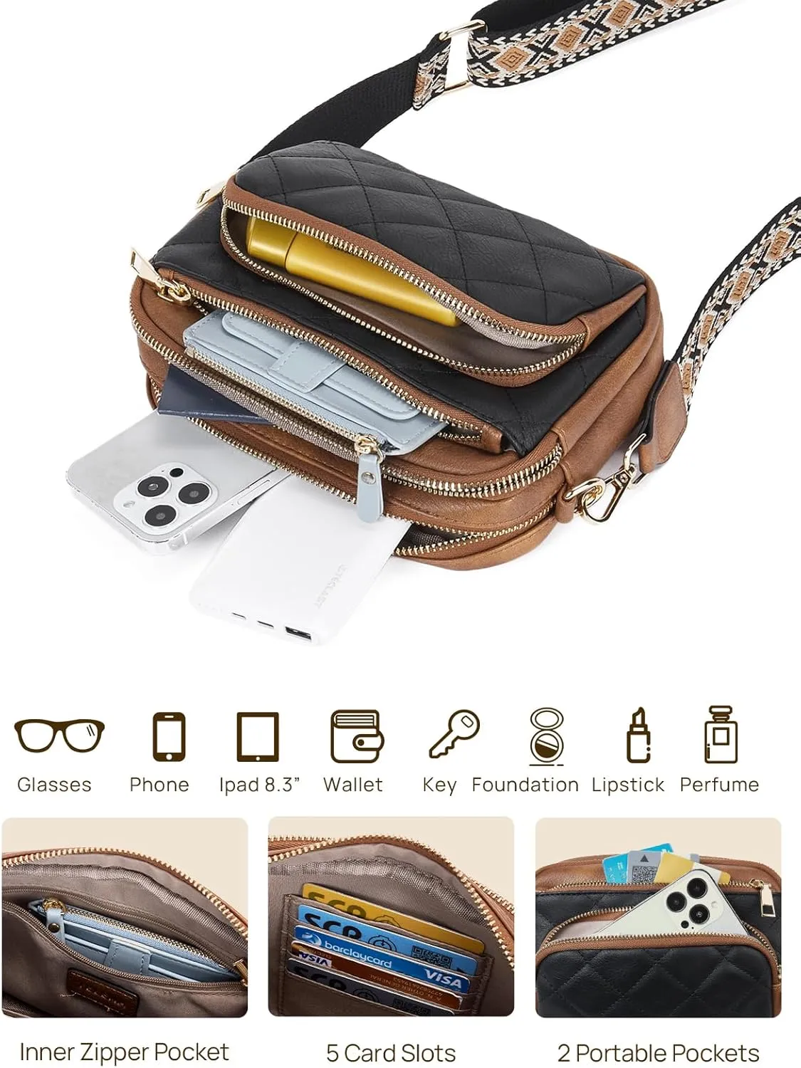 Telena Crossbody Bags for Women Small Crossbody Purses Quilted Vegan Leather with Guitar Strap Beige with Brown