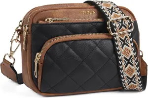 Telena Crossbody Bags for Women Small Crossbody Purses Quilted Vegan Leather with Guitar Strap Beige with Brown