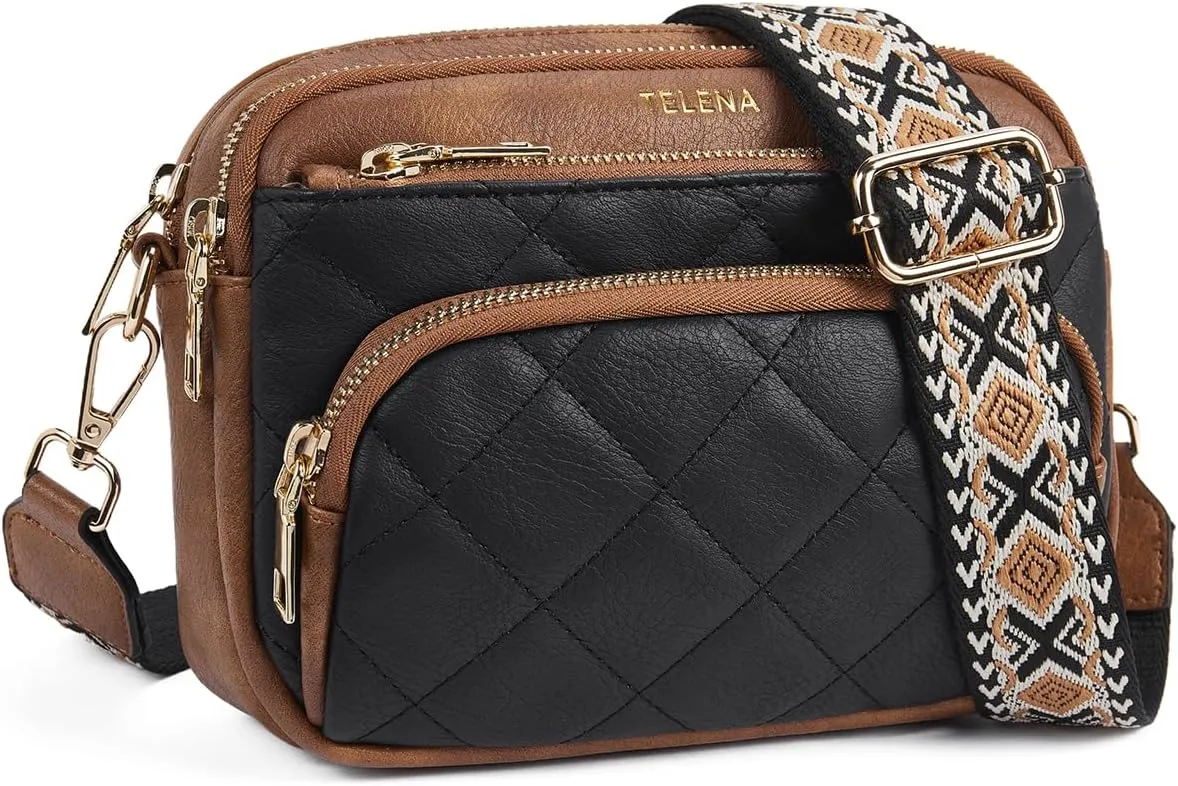 Telena Crossbody Bags for Women Small Crossbody Purses Quilted Vegan Leather with Guitar Strap Beige with Brown