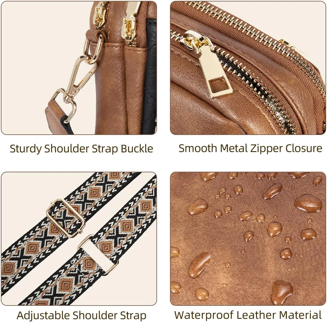 Telena Crossbody Bags for Women Small Crossbody Purses Quilted Vegan Leather with Guitar Strap Beige with Brown