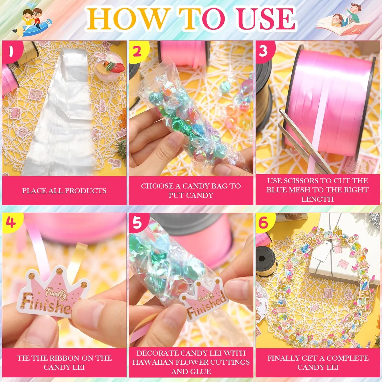 Teling 60 Set Graduation Candy Lei Making Kit Hawaiian Candy Lei Tubing Kit Includes 60 Pcs Candy Lei Bags 2 Rolls Ribbons 600 Pcs Paper Cut for Graduation Party Gift(Dark Pink, Gold)
