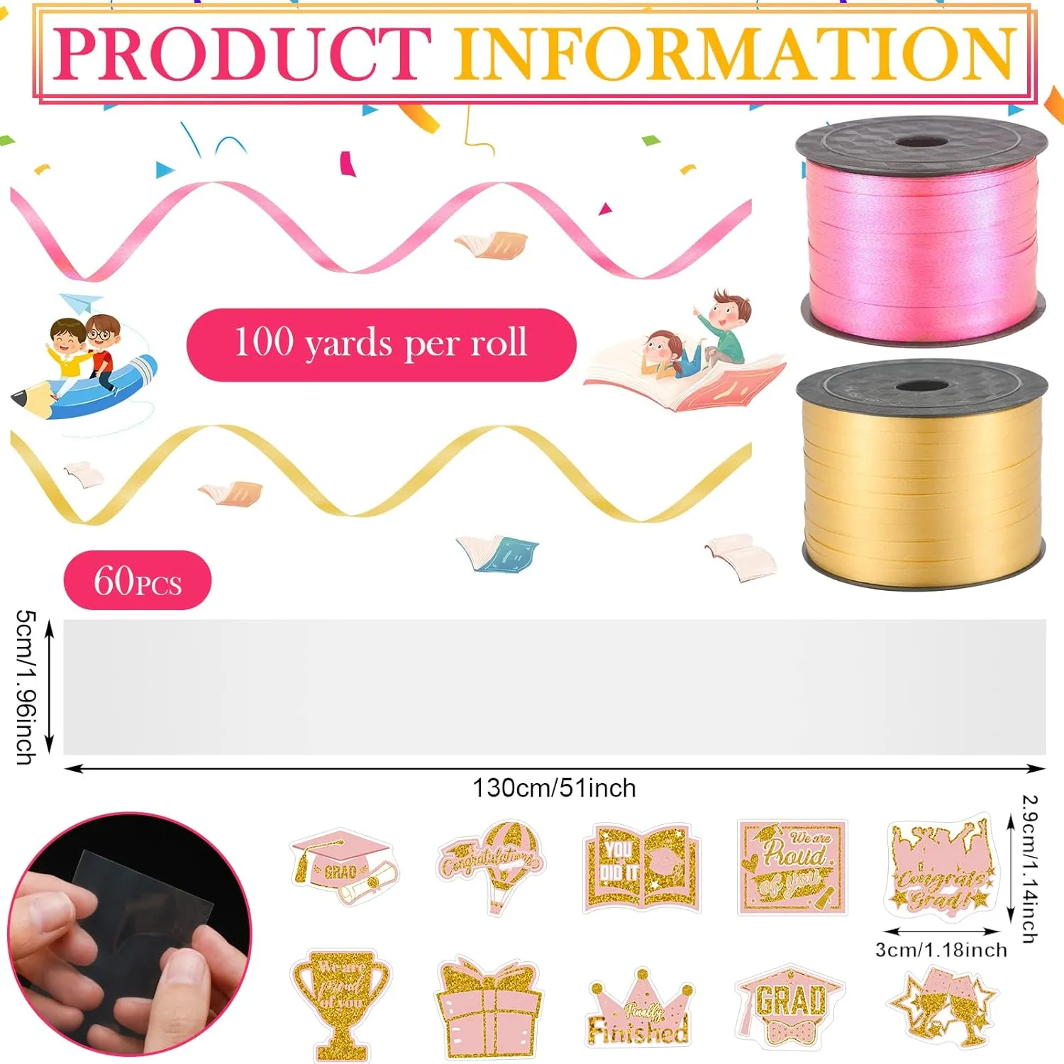Teling 60 Set Graduation Candy Lei Making Kit Hawaiian Candy Lei Tubing Kit Includes 60 Pcs Candy Lei Bags 2 Rolls Ribbons 600 Pcs Paper Cut for Graduation Party Gift(Dark Pink, Gold)