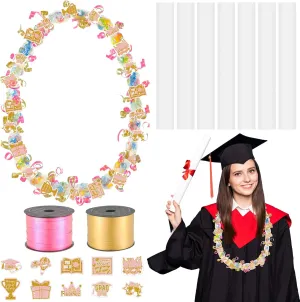 Teling 60 Set Graduation Candy Lei Making Kit Hawaiian Candy Lei Tubing Kit Includes 60 Pcs Candy Lei Bags 2 Rolls Ribbons 600 Pcs Paper Cut for Graduation Party Gift(Dark Pink, Gold)