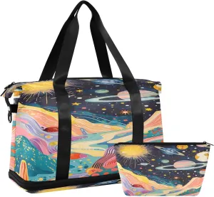 Tempura Gouache Art Print Cosmic Planets and Galaxy Travel Duffel Bag Waterproof Gym Sport Tote Bag Carry On Weekender Bag with Compartment