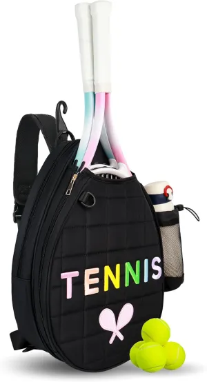 Tennis Bags for Women Girl, Tennis Sling Crossbody Backpack, Water Resistant Tennis Bag for Pickleball, Tennis, Racketball (Black)