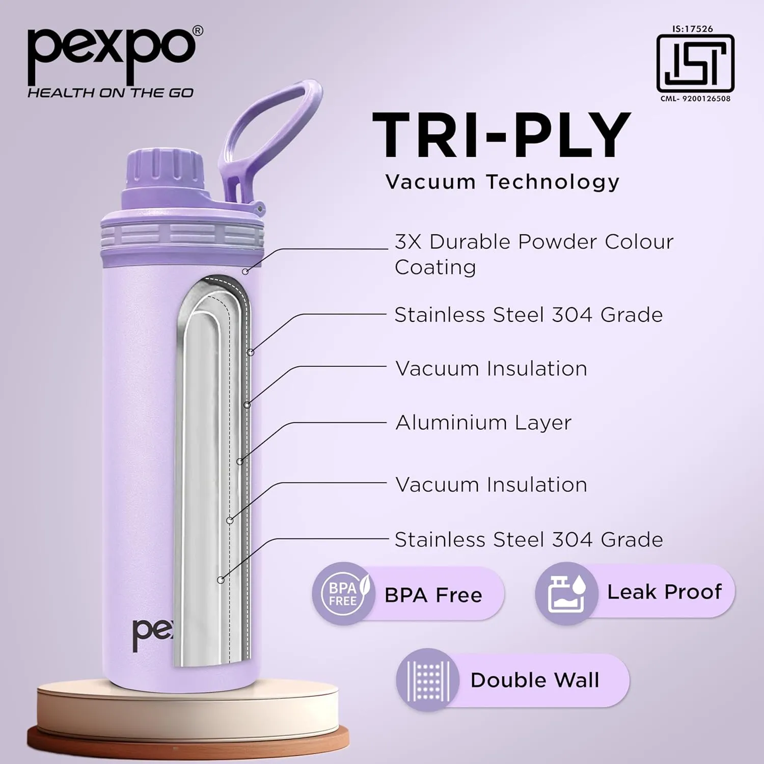 Texas Stainless Steel Hot & Cold Vacuum Insulated Flask, 500ml, 16 oz Orchid Purple| Leak Proof | Easy to Carry Loop Handle | Sports Water Bottle | Trekking | Gym | Office | Home | Kitchen