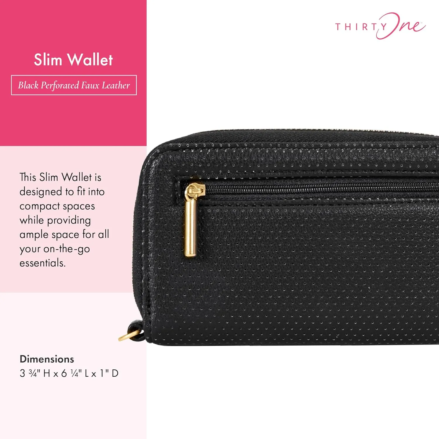 THIRTY-ONE Gifts Slim Wallet, Small Clutch Wallet for Women, Phone-Holder Wallet with Card and Bill Slots, Black Perforated Faux Leather