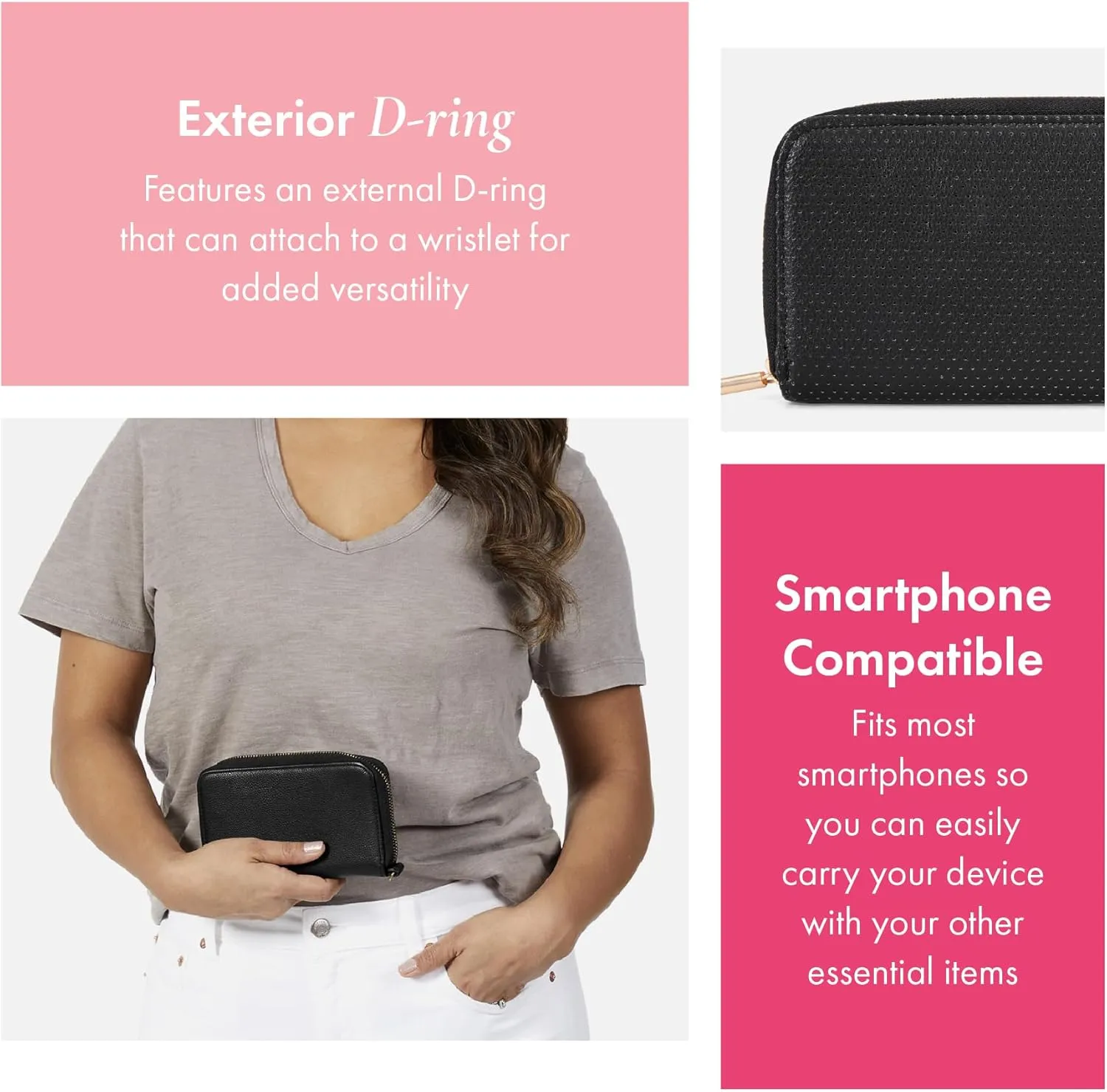 THIRTY-ONE Gifts Slim Wallet, Small Clutch Wallet for Women, Phone-Holder Wallet with Card and Bill Slots, Black Perforated Faux Leather