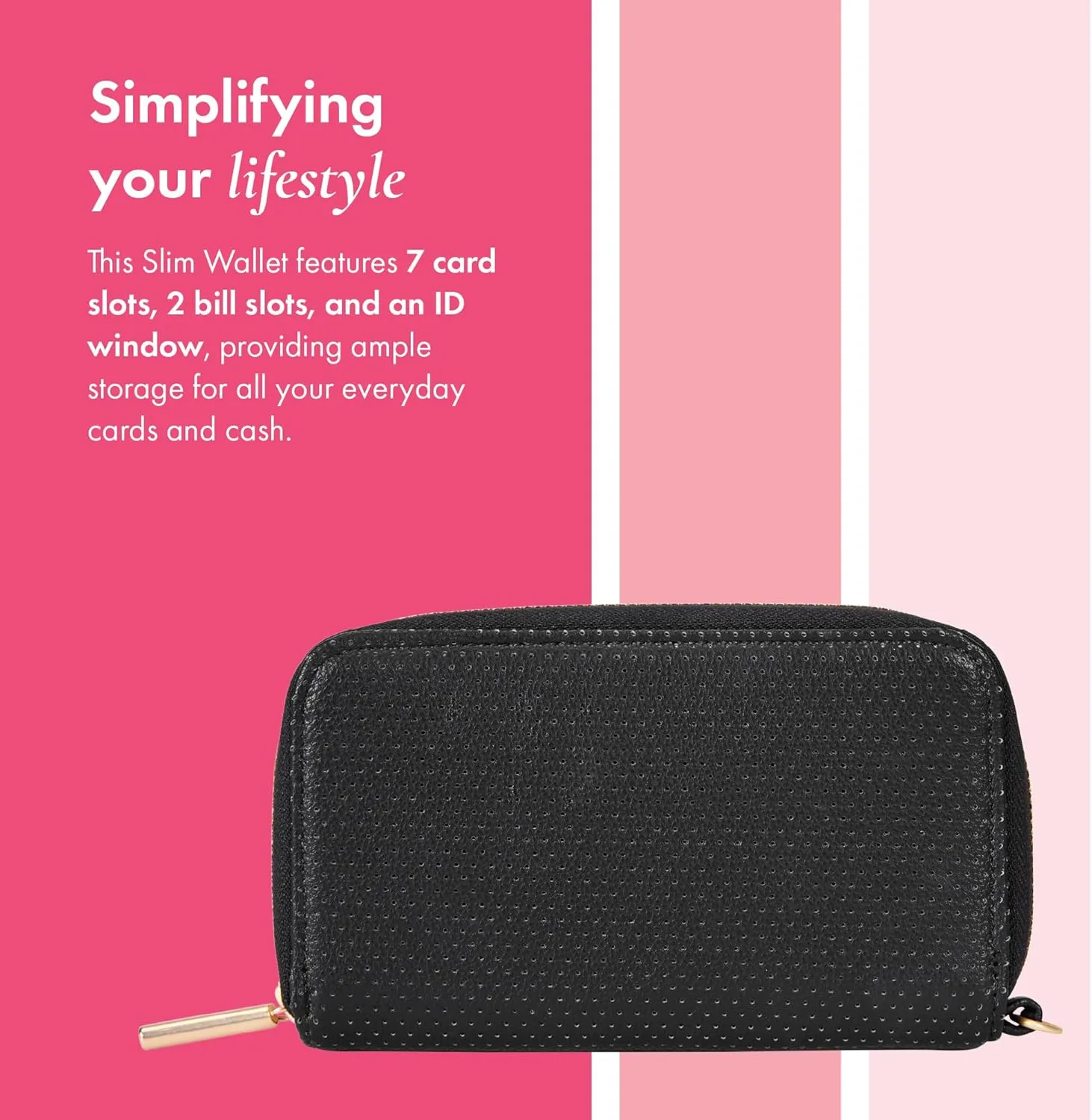 THIRTY-ONE Gifts Slim Wallet, Small Clutch Wallet for Women, Phone-Holder Wallet with Card and Bill Slots, Black Perforated Faux Leather
