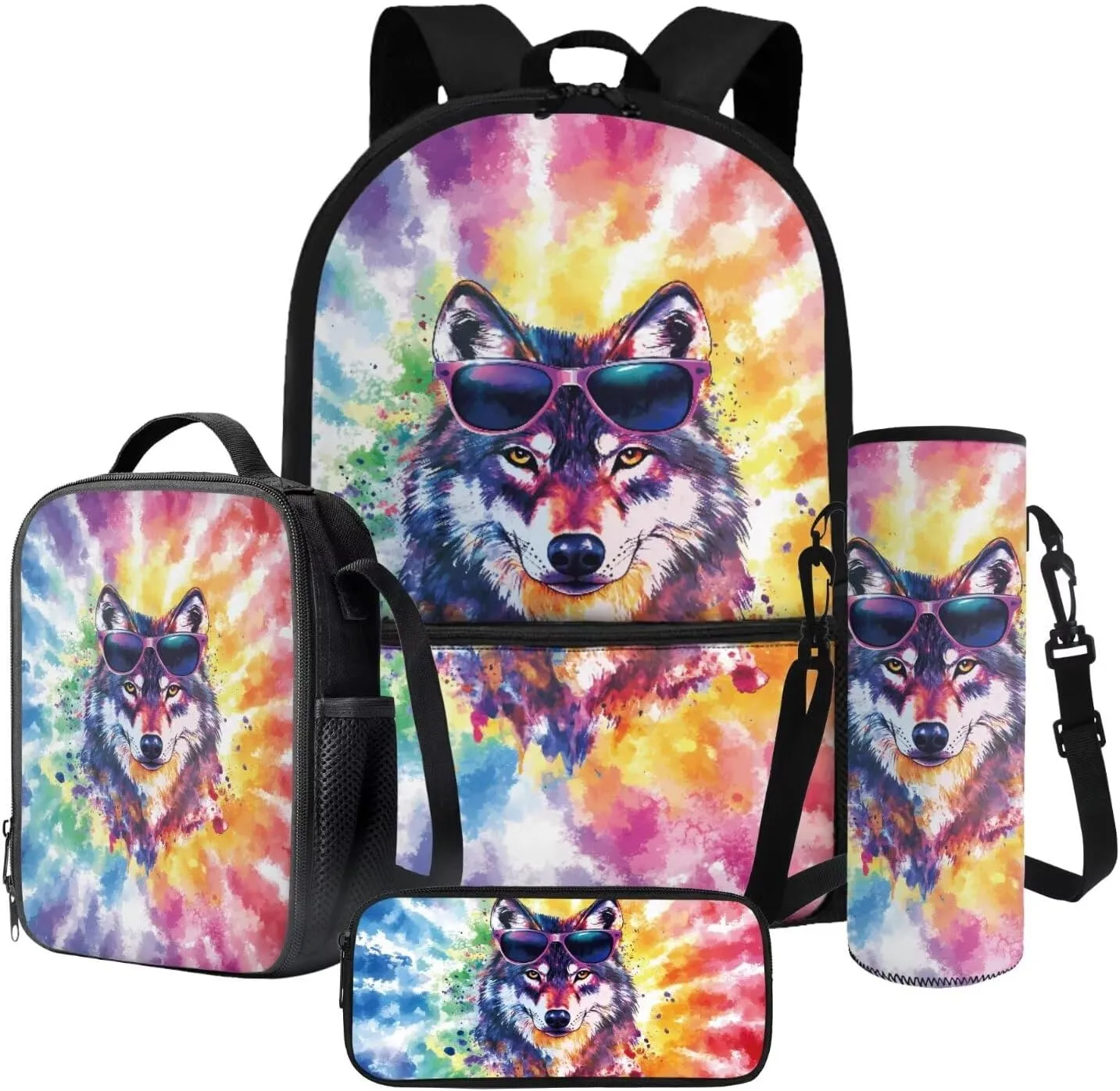 Tie-Dye Wolf Sunglasses Print Backpack Set for Boys Girls School Bags 17 Inch Bookbag Primary School Supplies Kids Pencil Pouch Pen Box Lunchbag Packed and Water Bottle Holder