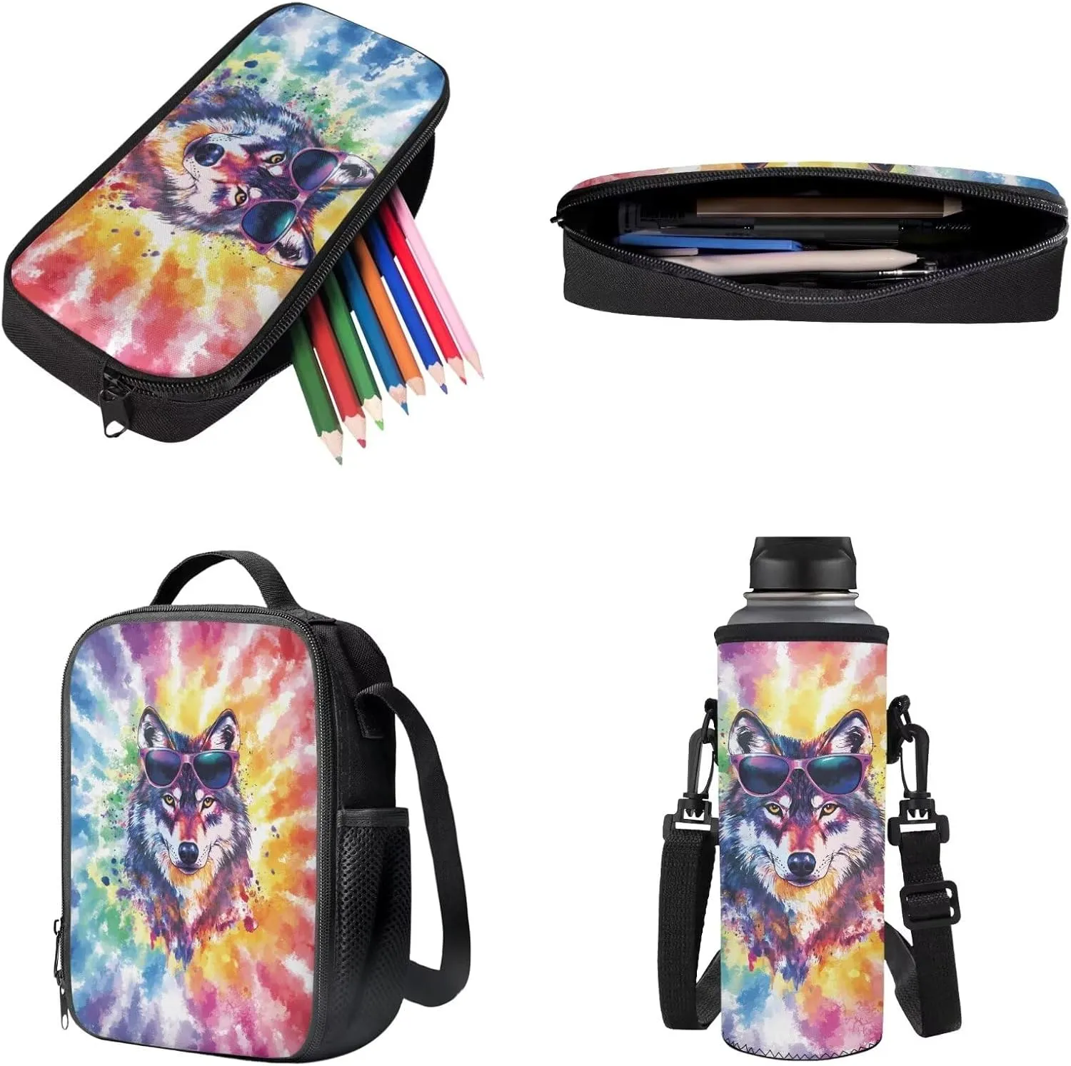 Tie-Dye Wolf Sunglasses Print Backpack Set for Boys Girls School Bags 17 Inch Bookbag Primary School Supplies Kids Pencil Pouch Pen Box Lunchbag Packed and Water Bottle Holder