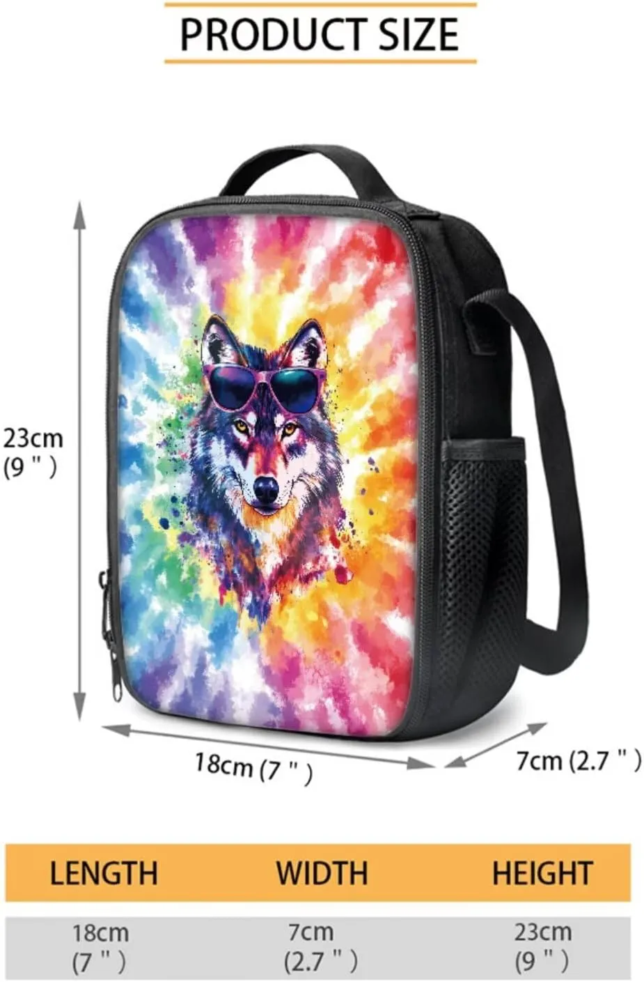 Tie-Dye Wolf Sunglasses Print Backpack Set for Boys Girls School Bags 17 Inch Bookbag Primary School Supplies Kids Pencil Pouch Pen Box Lunchbag Packed and Water Bottle Holder