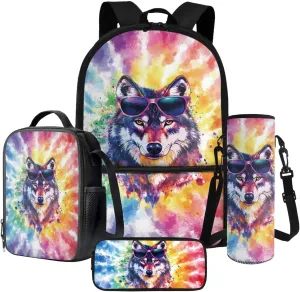 Tie-Dye Wolf Sunglasses Print Backpack Set for Boys Girls School Bags 17 Inch Bookbag Primary School Supplies Kids Pencil Pouch Pen Box Lunchbag Packed and Water Bottle Holder