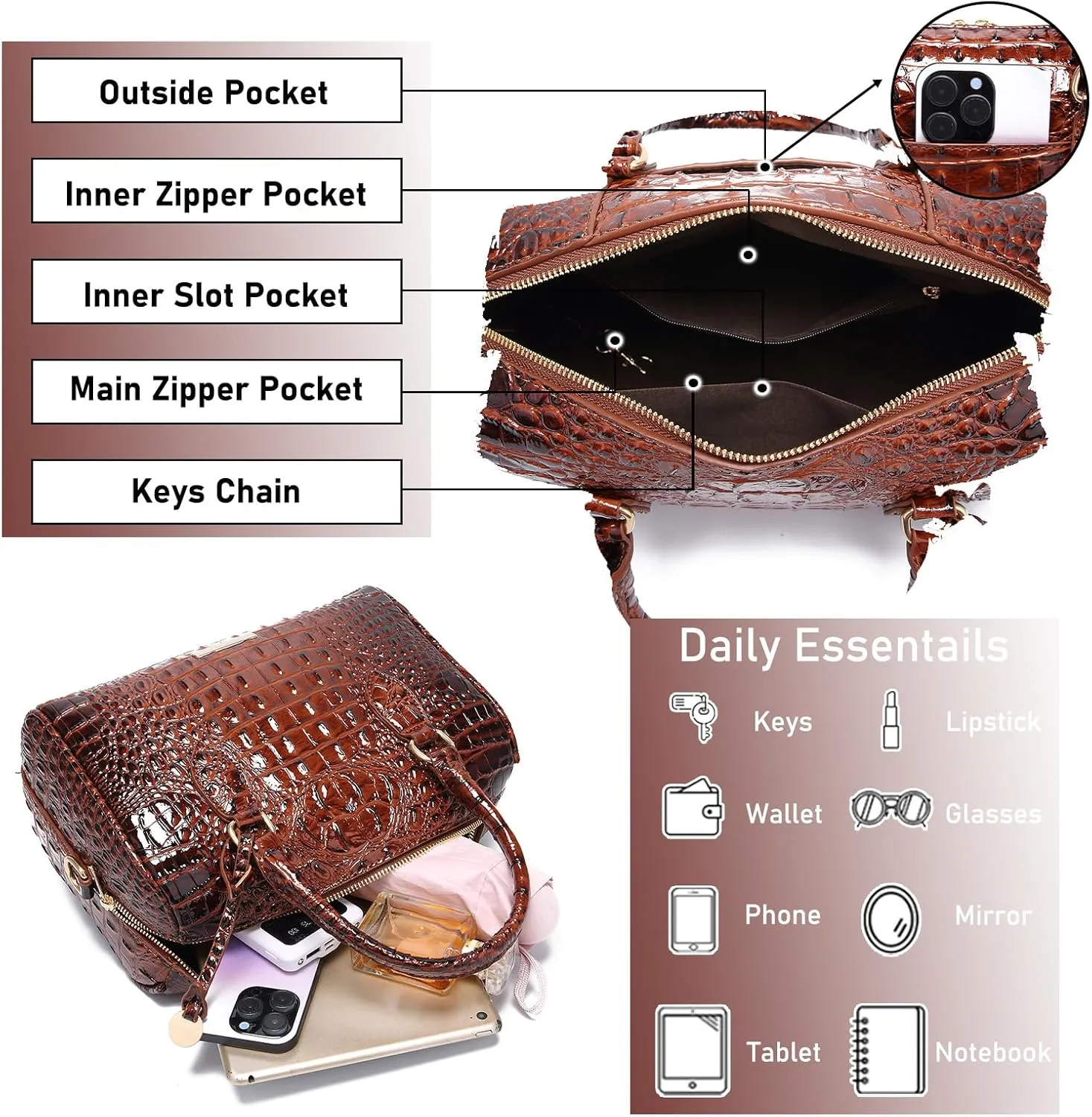 Top-Handle Crocodile Purses For Women Crossbody Leather Bags Trendy Large Capacity Tote with Shoulder Strap
