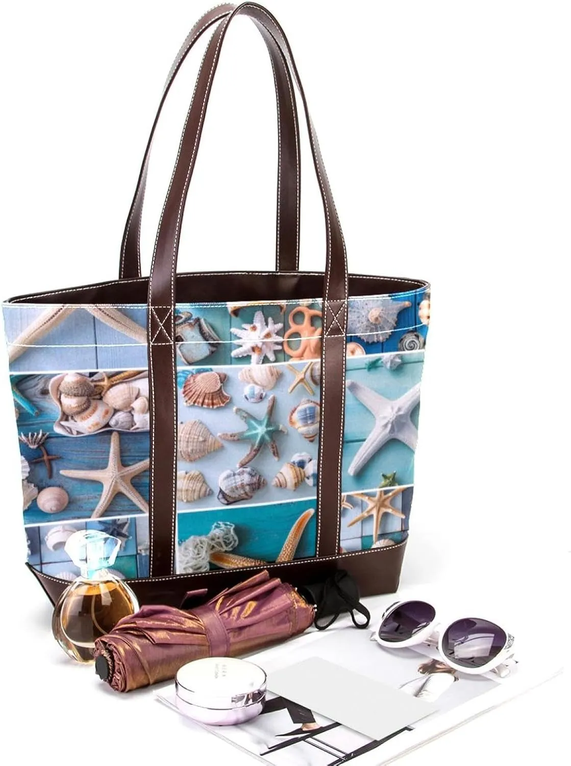 Tote Bag for Women, Large Tote Bags for Women, Tote Bag with Zipper, Summer Nautical Anchor Starfish, Totes for Women