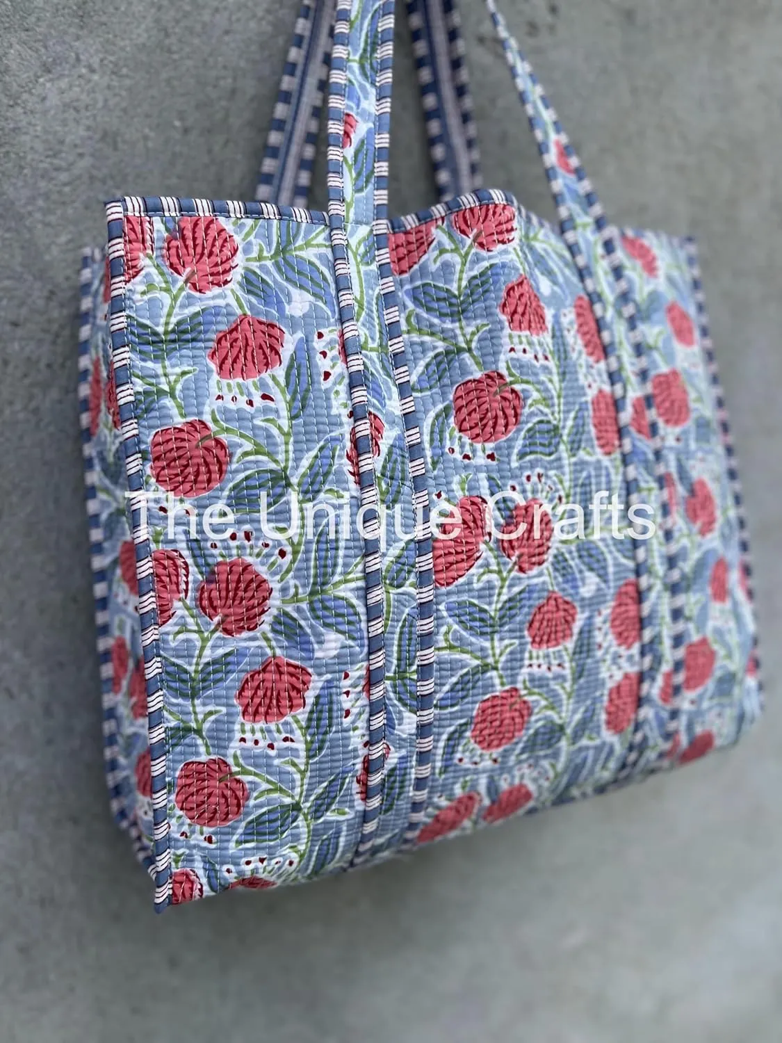 Tote Bag For Women, Shoulder Purse with Inner Pocket, Quilted Cotton Handprinted Reversible Large Multicolor Tote Bag