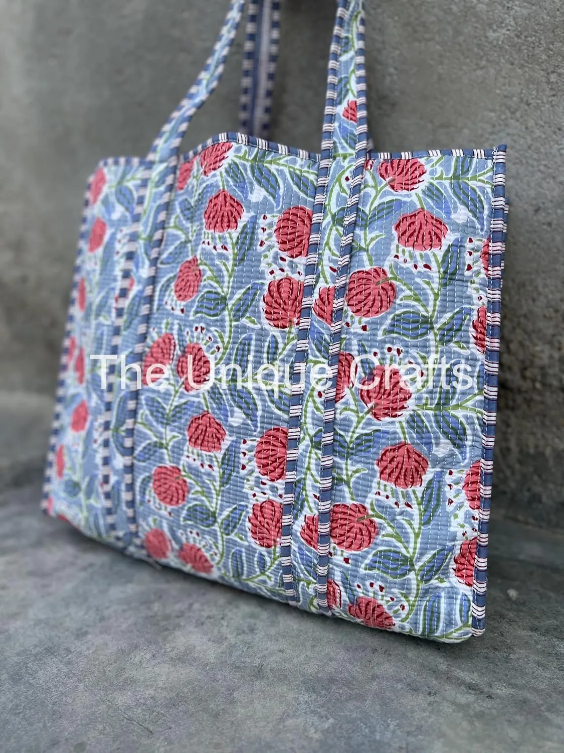 Tote Bag For Women, Shoulder Purse with Inner Pocket, Quilted Cotton Handprinted Reversible Large Multicolor Tote Bag