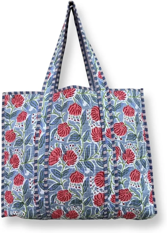 Tote Bag For Women, Shoulder Purse with Inner Pocket, Quilted Cotton Handprinted Reversible Large Multicolor Tote Bag
