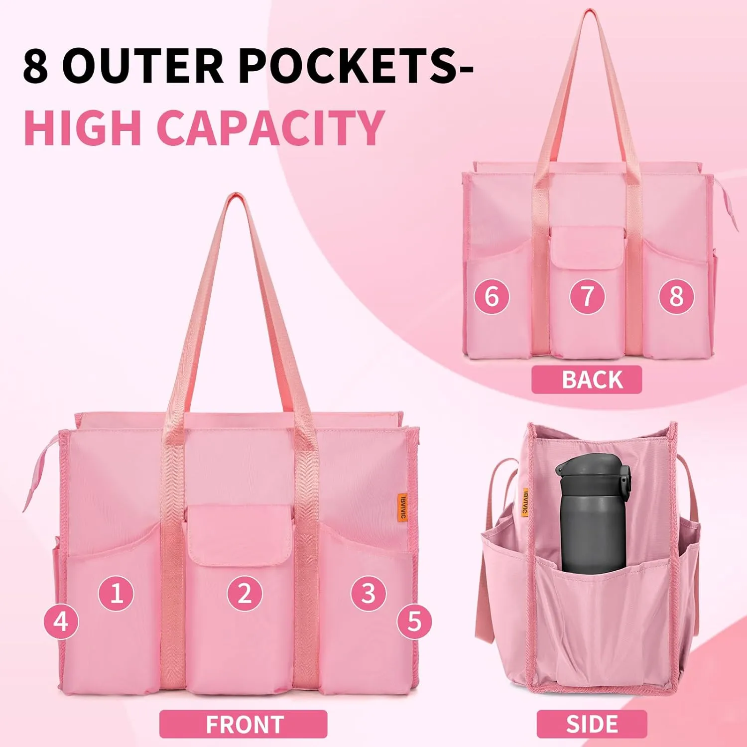 Tote Bag for Women Utility Travel Tote Bags With 8 Exterior & 7 Interior Pockets Zip Top Tote for Teacher Work