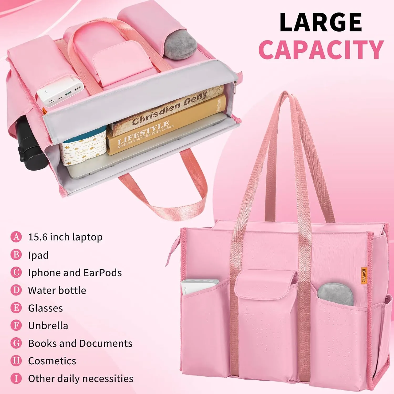 Tote Bag for Women Utility Travel Tote Bags With 8 Exterior & 7 Interior Pockets Zip Top Tote for Teacher Work
