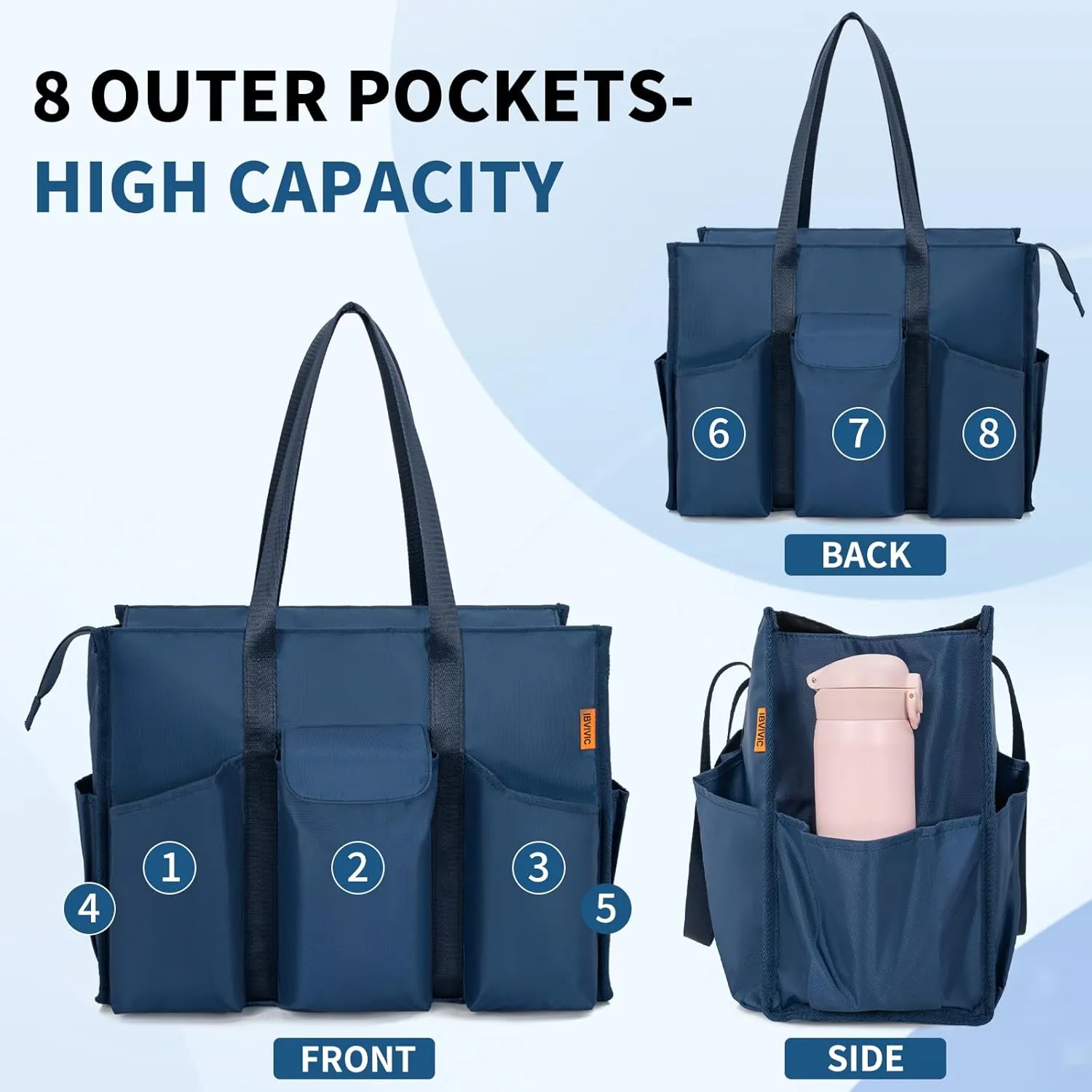 Tote Bag for Women Utility Travel Tote Bags With 8 Exterior & 7 Interior Pockets Zip Top Tote for Teacher Work