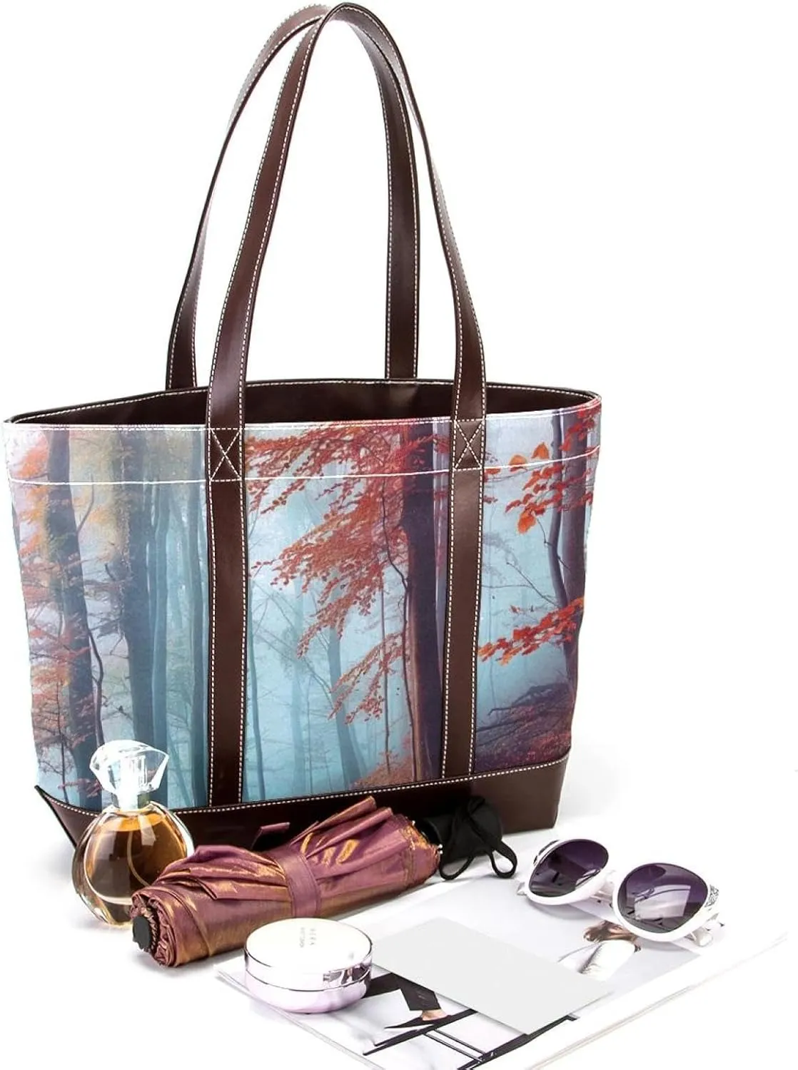 Tote Bags, Large Tote Bags for Women, Tote Bag with Zipper, Landscape Autumn Forest Path, Tote Bags Women