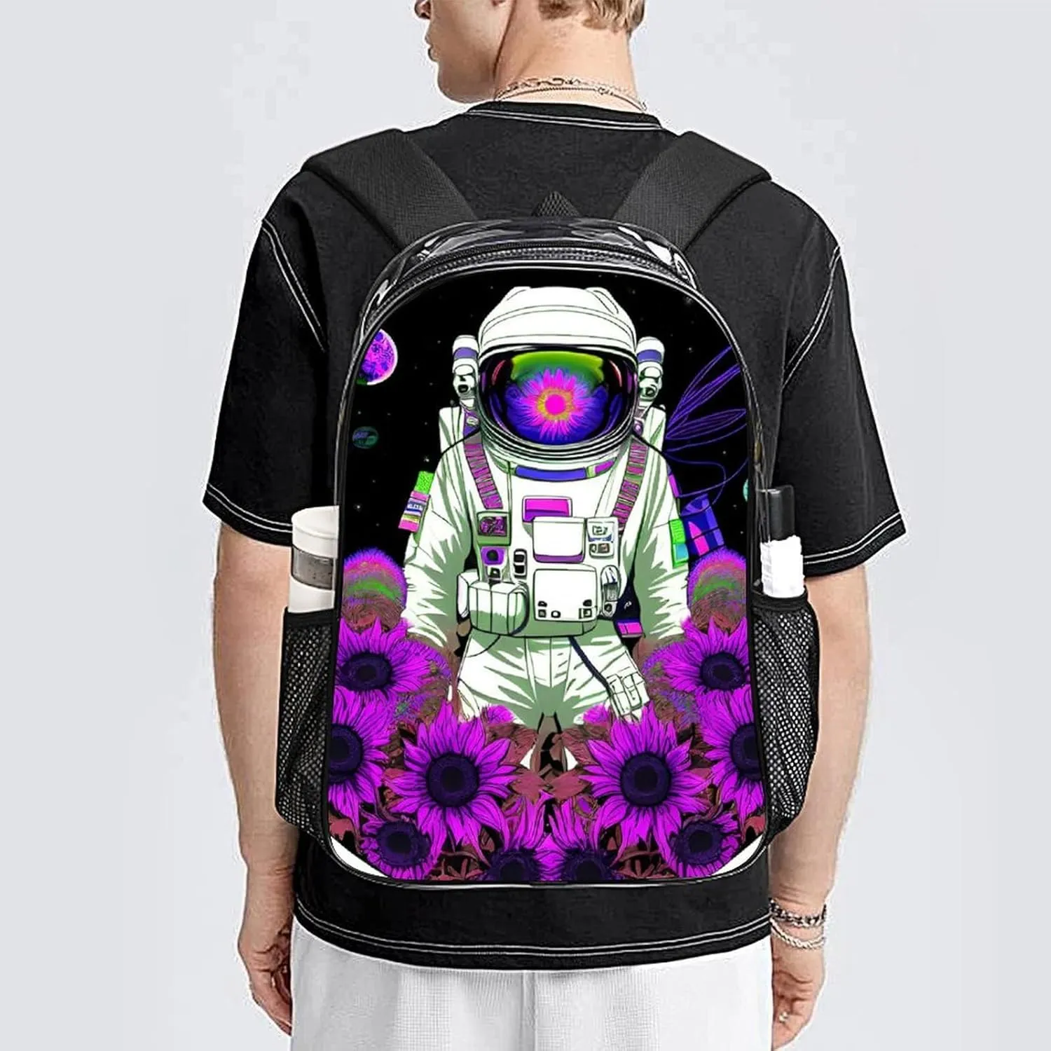 Transparent Daypack for Hiking Work Running - Big Capacity Anti-Theft Multipurpose Shoulder Bag, Psychedelic Space Astronaut Sunflower Snake Art Travel and Sport Backpack Rucksack