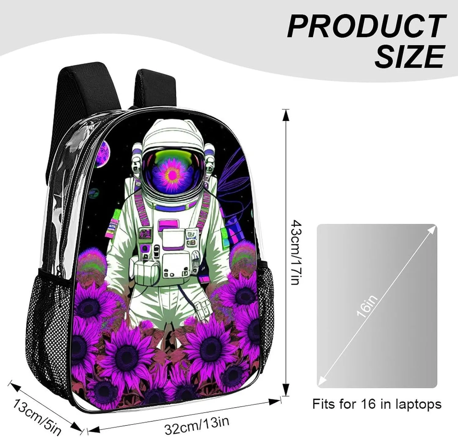 Transparent Daypack for Hiking Work Running - Big Capacity Anti-Theft Multipurpose Shoulder Bag, Psychedelic Space Astronaut Sunflower Snake Art Travel and Sport Backpack Rucksack