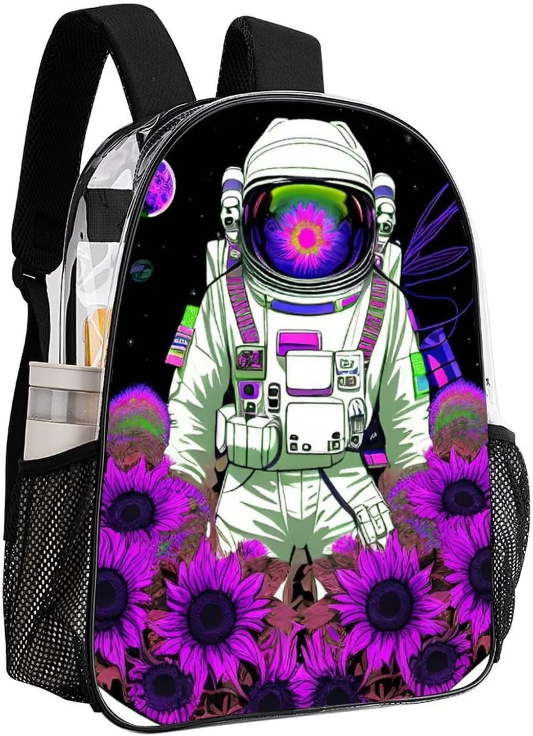 Transparent Daypack for Hiking Work Running - Big Capacity Anti-Theft Multipurpose Shoulder Bag, Psychedelic Space Astronaut Sunflower Snake Art Travel and Sport Backpack Rucksack