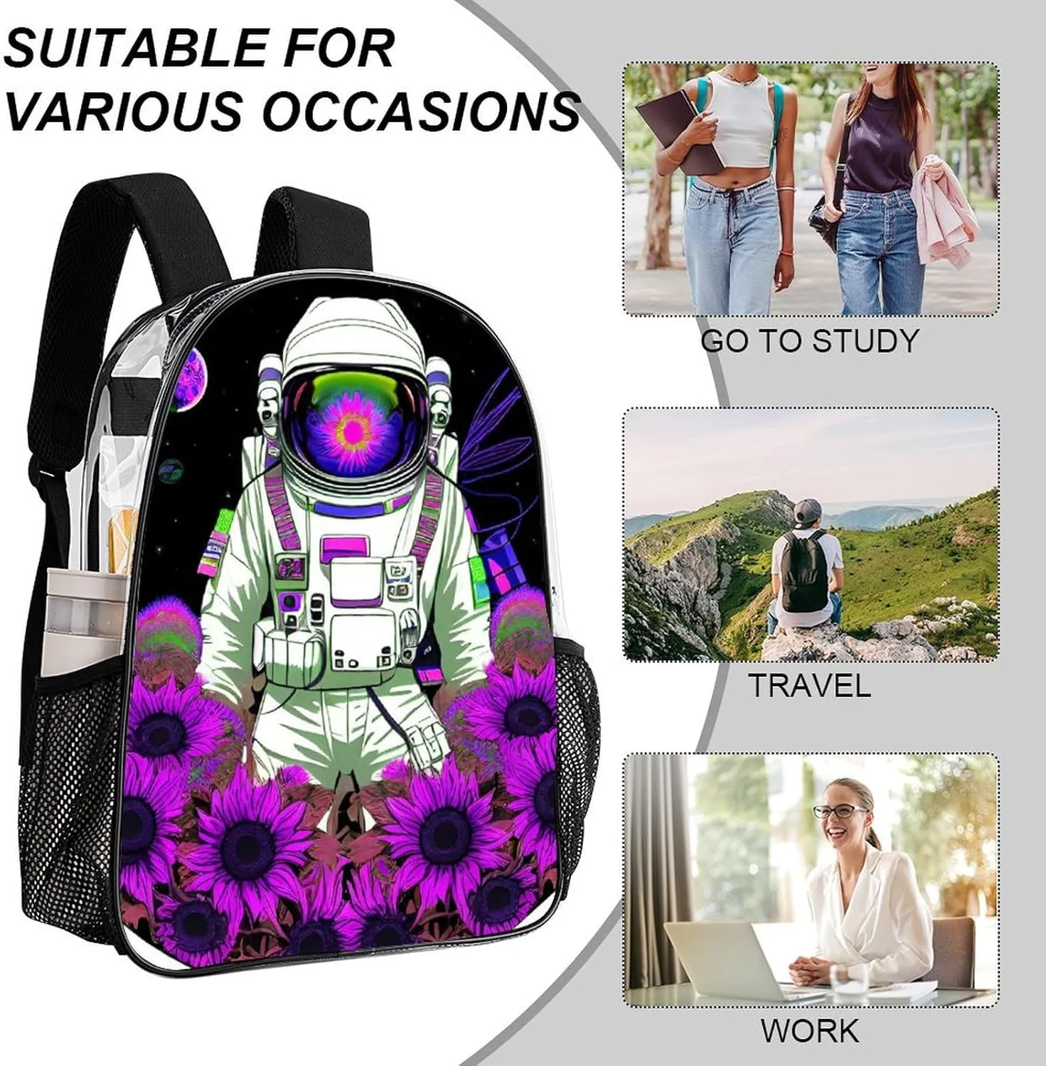 Transparent Daypack for Hiking Work Running - Big Capacity Anti-Theft Multipurpose Shoulder Bag, Psychedelic Space Astronaut Sunflower Snake Art Travel and Sport Backpack Rucksack