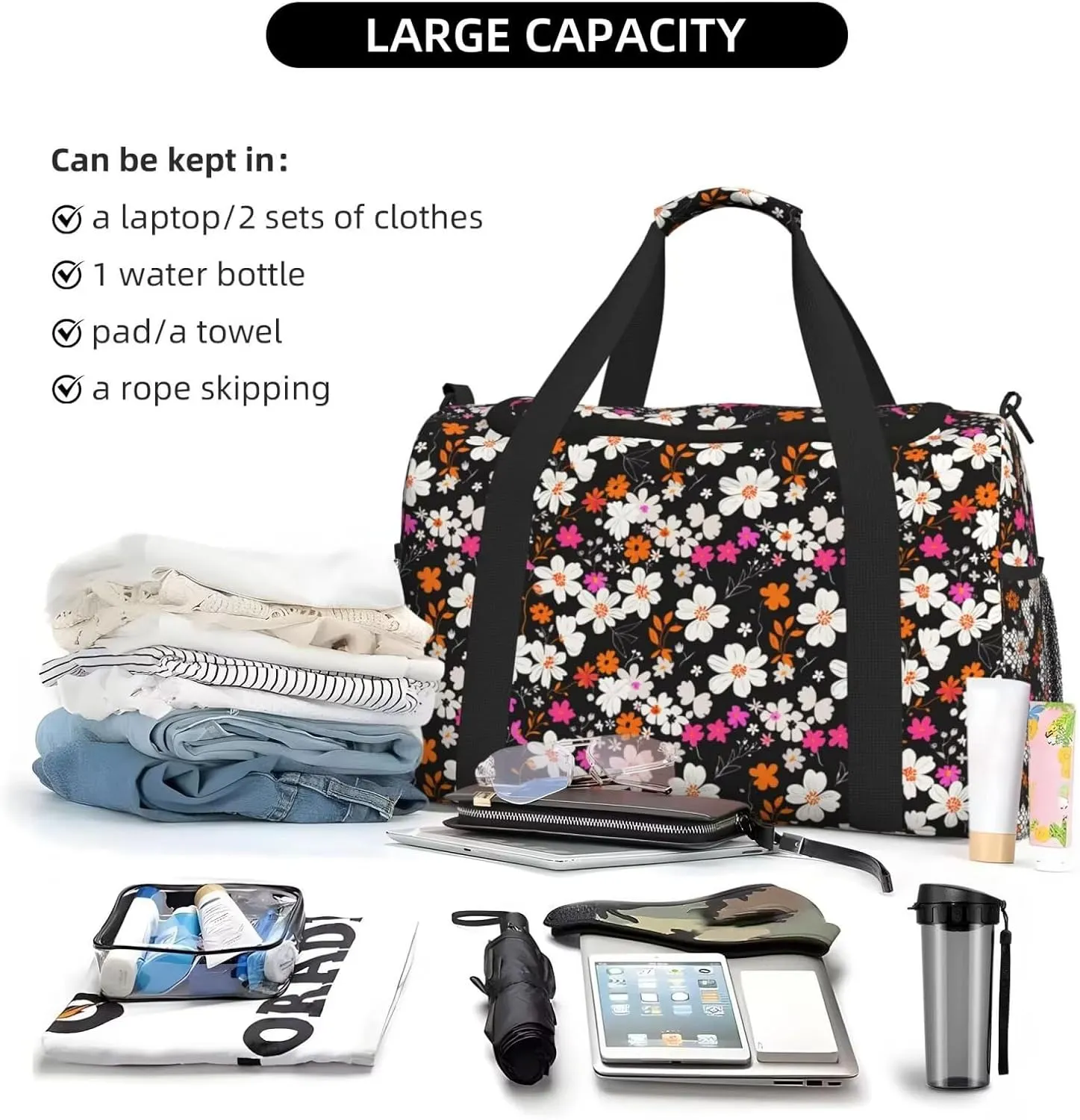 Travel Bag Daisy Floral Cute Weekender Bags for Women, Wildflower Personal Item Travel Bag with Wet Pocket, Duffel Bag for Travel Hospital Bag for Labor and Delivery Hippie Overnight Bags