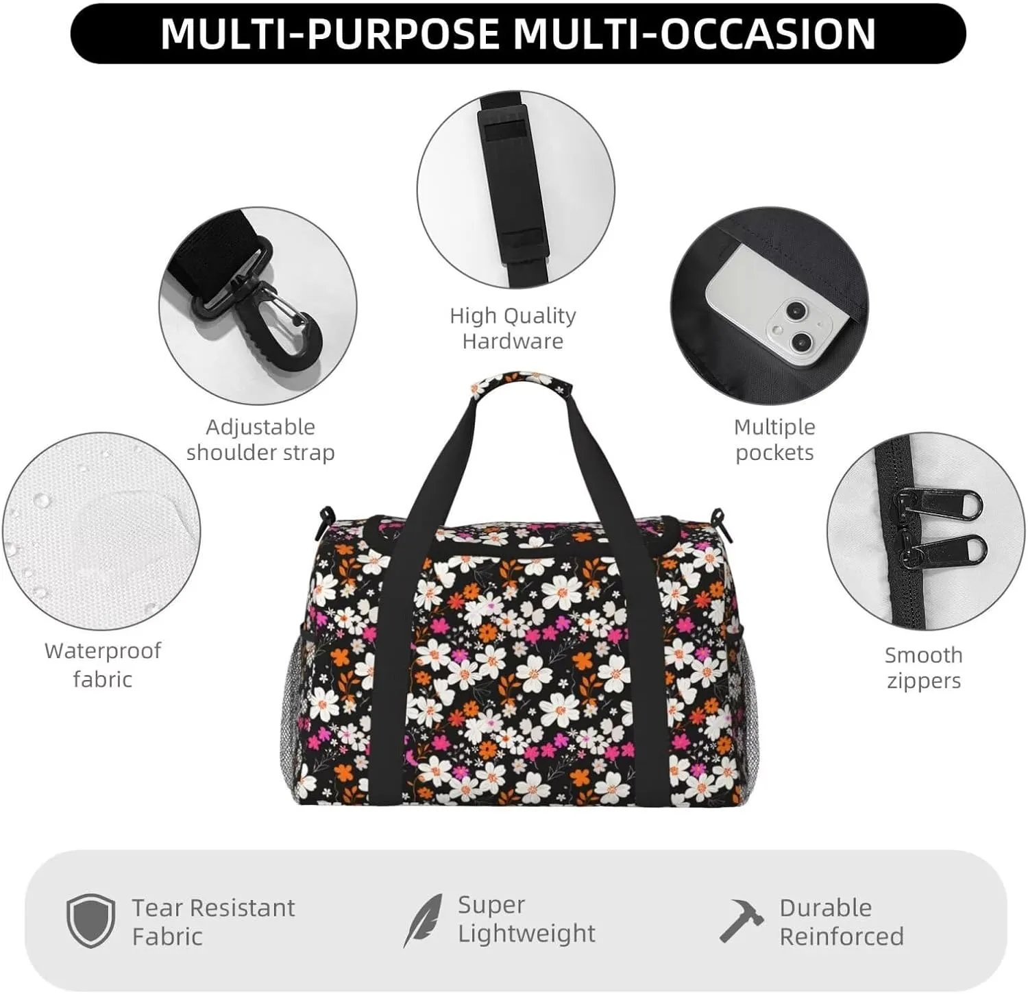 Travel Bag Daisy Floral Cute Weekender Bags for Women, Wildflower Personal Item Travel Bag with Wet Pocket, Duffel Bag for Travel Hospital Bag for Labor and Delivery Hippie Overnight Bags