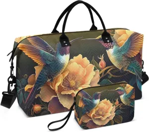 Travel Duffel Bag Flower Hummingbird, Gym Bags with Multiple Interior Pockets for Men Women Toiletry Purse Included 20.5”x 1.9” x 13.8”