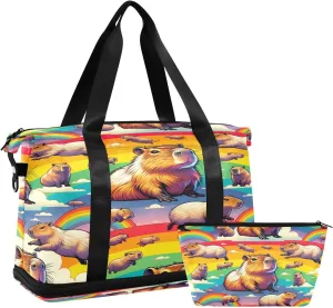 Travel Duffel Bag for Women Men Cute Capybara Pattern Rainbow (1) Weekender Overnight Bags with Shoe Compartments Sketch Fancy Gym Duffel Bag with Toiletry Bag for Travel Sport Yoga 17 Inch