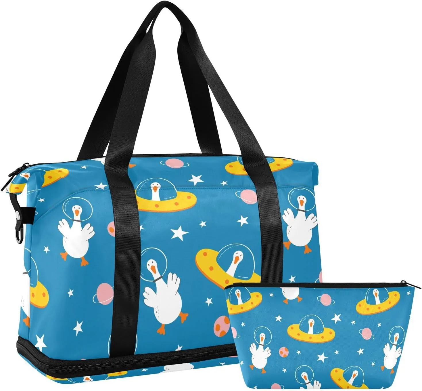 Travel Duffel Bag for Women Men Cute Cartoon Goose Planet Stars Weekender Overnight Bags with Shoe Compartments Hand Drawn Gym Duffel Bag with Toiletry Bag for Travel Sport Yoga 17 Inch