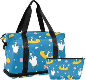 Travel Duffel Bag for Women Men Cute Cartoon Goose Planet Stars Weekender Overnight Bags with Shoe Compartments Hand Drawn Gym Duffel Bag with Toiletry Bag for Travel Sport Yoga 17 Inch